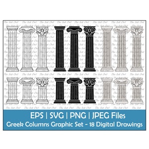 Conjunto de imágenes prediseñadas vectoriales de columnas griegas / Contorno, silueta e ilustración gráfica en color / Dórico, jónico y corintio / Png, Svg, Eps, Jpg