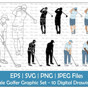 Golf Swing / Golfista masculino con Club Vector Clipart Set / Contorno, Sello, Silueta y Color Gráfico / Deportes de Verano / PNG, JPG, SVG, Eps