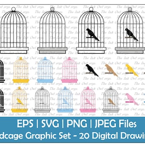 Birdcage Vector Clipart / Outline, Silhouette Stamp & Color Graphic Illustrations / Silver and Gold / PNG, JPG, SVG, Eps