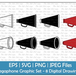 Megaphone Cheerleader Vector Clipart Set / Outline, Stamp and Color Graphic / Sports / Protests / Commercial Use / PNG, JPG, SVG, Eps