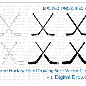 Crossed Hockey Sticks Vector Clipart Set / Outline & Stamp Drawing Illustrations / Goalie / Logo / PNG, JPG, SVG, Eps