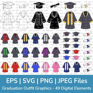 Imágenes prediseñadas de color de toga de graduación / Gráficos vectoriales de contorno y silueta / Birrete, sombrero y certificado o diploma / Svg, Png, Jpg, Eps