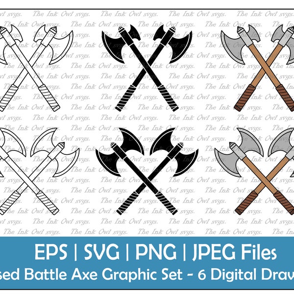 Crossed Battle Axe Clipart Set / Outline, Stamp & Color Drawing Graphic / Weapon / Double Blade / Commercial Use / PNG, JPG, SVG, Eps