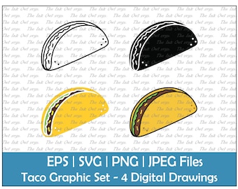 Taco Vector Clipart Set / Outline, Silhouette Stamp & Color Graphic Illustrations / Mexican Food / PNG, jpg, SVG, Eps