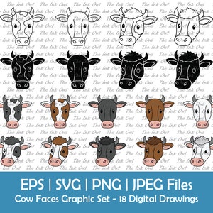 Cow Head or Face with Horns Vector Clipart Set / Outline, Silhouette Stamp & Color Graphic / Dairy Cow / Farm Animal / Svg, Png, Jpg, Eps