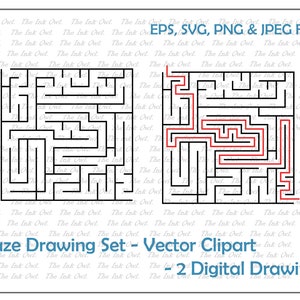 Maze Puzzle Vector Clipart Set / Avec labyrinthe résolu / Illustrations de dessin / Carré / PNG, JPG, SVG, Eps