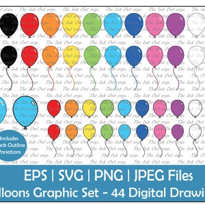Ballons simples Vector Clipart / couleur, contour & Silhouette timbre graphique / célébration de fête d’anniversaire / avec cordes / Png, Jpg, Svg, Eps