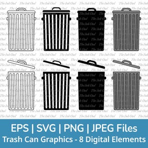 Garbage Can or Trash Container Svg Vector Clipart / Outline & Stamp Silhouette Graphic / Png, Svg, Jpg, Eps
