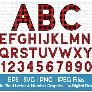 Buffalo Plaid Alphabet Letters & Numbers Clipart / Red Color Text Graphics / ABC 123 Font Banners / Sublimation / PNG, JPG, svg, Eps