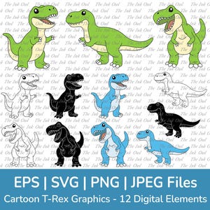 Desenho animado fofo T-Rex Dinossauro Clipart / Contornos, Silhuetas e Gráficos Coloridos / Sublimação de Tiranossauro Rugindo / Png, Jpg, Svg, Eps