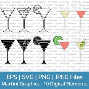 Martiniglas Svg Vector Clipart Set / overzicht, stempel silhouet & kleurafbeelding / cocktaildrankje met olijf en limoen / Png, Jpg, Svg, Eps