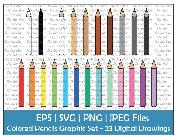 Colored Pencil Clipart Set / Outline, Silhouette & Color Graphic