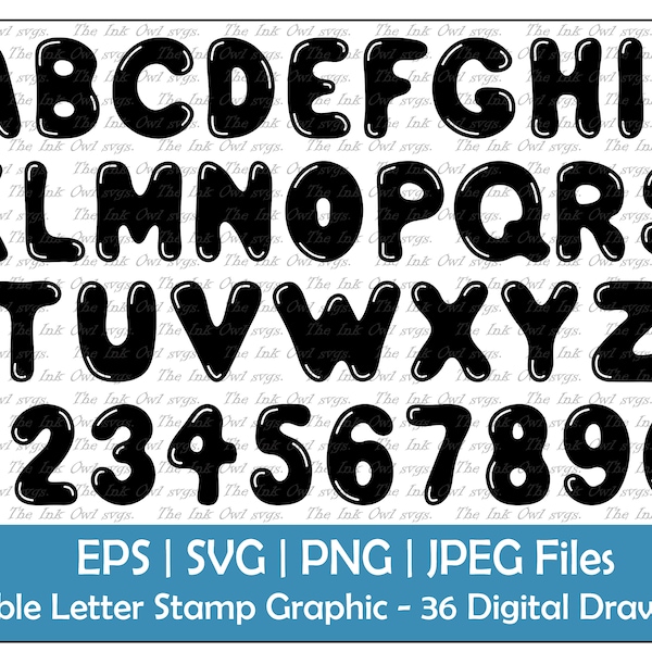 Bubble Letter Alphabet and Numbers Vector Clipart / Stamp Text Graphics / ABC 123 Logos banners / PNG, JPG, svg, Eps