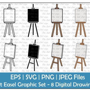May include: A set of eight digital drawings of art easels. The easels are in various styles, including black and white, and brown wood. Some easels have blank canvases, while others have black canvases. The easels are all on a white background with a repeating pattern of text.