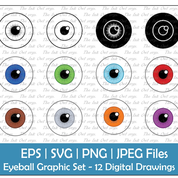 Eyeballs Vector Clipart Set / Outline, Stamp & Color Drawing Graphics / Halloween Spooky Monster Eyes / PNG, JPG, SVG, Eps