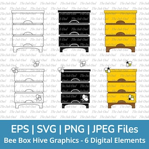 Bee Hive Box Vector Clipart Set 3 / overzicht, silhouetstempel en gekleurde afbeelding / bijenstal / Png, Svg, Jpg, Eps