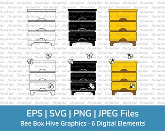 Bee Hive Box Vector Clipart Set 3 / Outline, Silhouette Stamp and Colored Graphic / Apiary / Png, Svg, Jpg, Eps