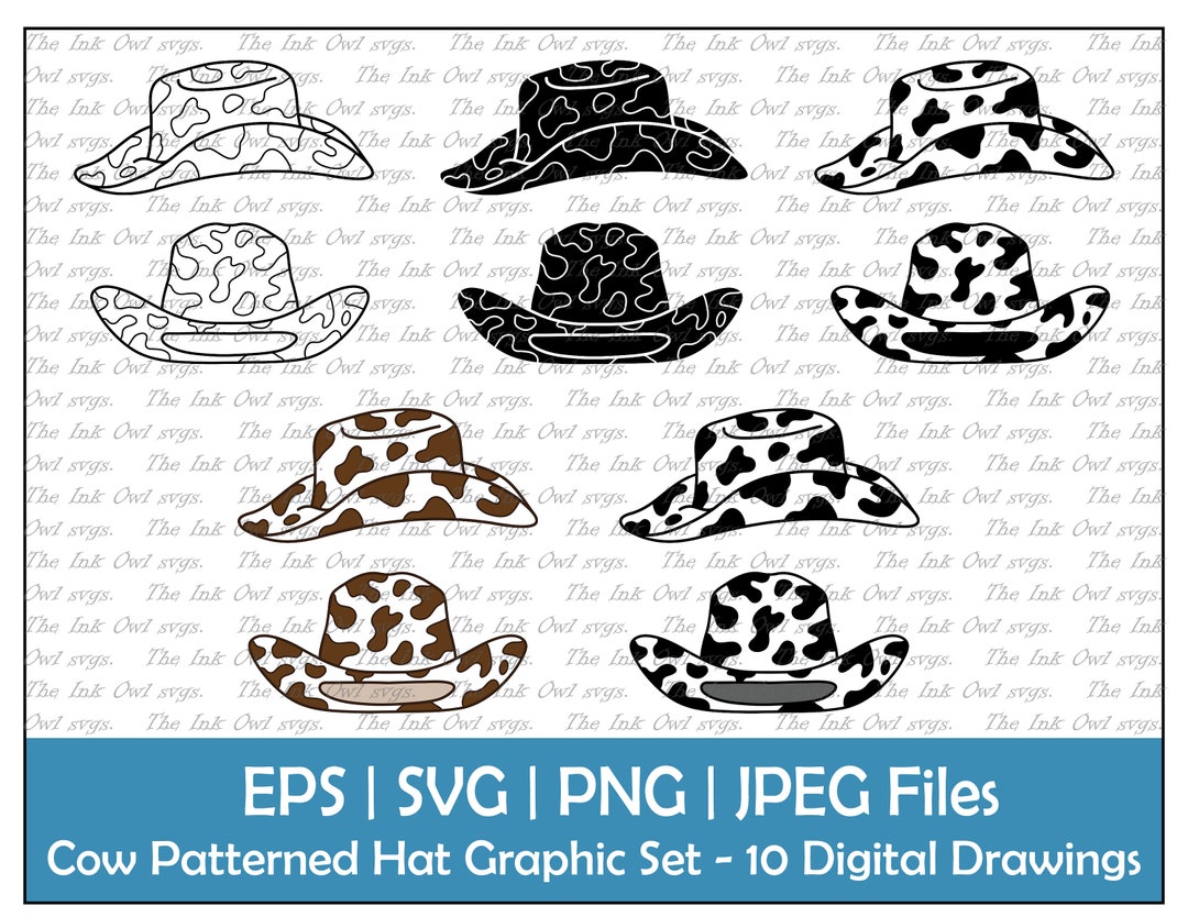 Cowboy Hat With Cow Print Pattern Clipart Set / Outline, Stamp & Color