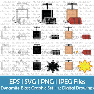 Dynamiet explosieve Blast Vector Clipart Set / overzicht, silhouet & kleurenillustraties / sloop / Svg, Png, Eps, Jpg