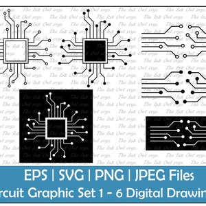 Circuit imprimé et puce Vector Clipart Set / Illustrations de dessin de contour et de tampon / Technologie / PNG, JPG, SVG, Eps