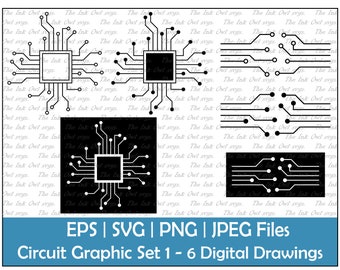 Circuit Board and Chip Vector Clipart Set / Outline & Stamp Drawing Illustrations / Technology / PNG, JPG, SVG, Eps