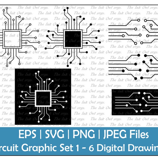 Circuit Board and Chip Vector Clipart Set / Outline & Stamp Drawing Illustrations / Technology / PNG, JPG, SVG, Eps