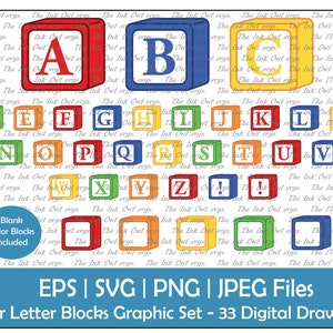 ABC cheio de letras do alfabeto blocos clipart vetorial / ilustrações de desenhos coloridos / banners de logotipos gráficos / Png, Jpg, Svg, Eps
