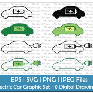 Electric Car Icon Vector Clipart Set / Outline, Silhouette Stamp & Color Drawing Graphic / Green Sustainable Energy / PNG, JPG, SVG, Eps