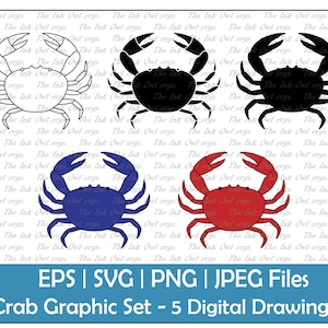 Crab Vector Clipart / Outline & Stamp Drawing Graphic / Red, Blue, Crustacean / PNG, JPG, SVG, Eps