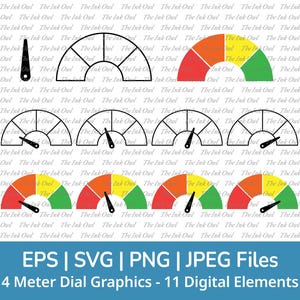 4 Meter Dial Vector Clipart Set / Outline & Color Graphic with Red, Yellow, Green / Png, Jpg, Eps, Svg