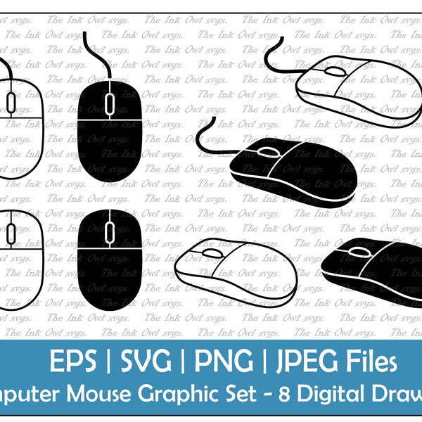 Computer Mouse Vector Clipart Set / Outline & Stamp Graphics / Technology / PNG, JPG, SVG, Eps