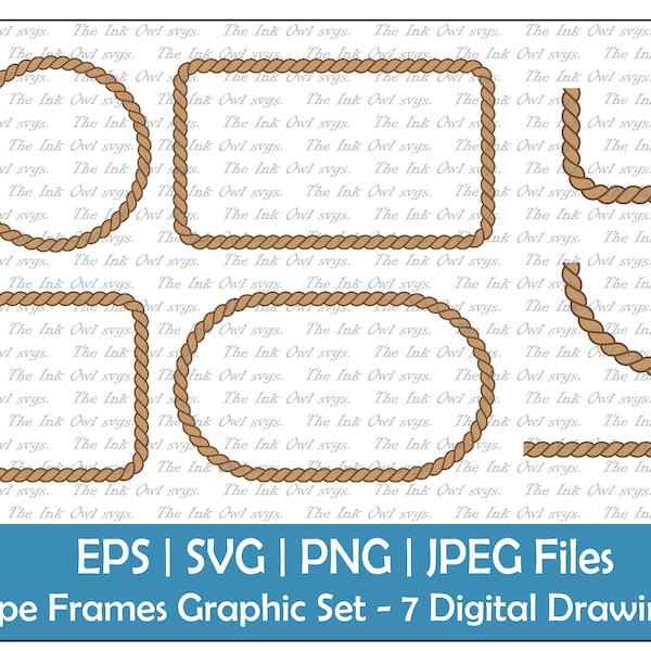 Rope Frame Border Clipart Set / Color Graphics / Decorative Element / Circle, Oval, Square, Rectangle, Corner / PNG, JPG, SVG, Eps