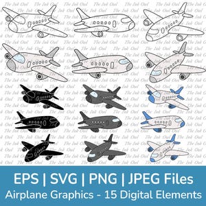 Cartoon Airplane Vector Clipart Set / Outline, Stamp Silhouettes and Color Illustration Graphics / Plane Travel / Png, Svg, Jpg, Eps