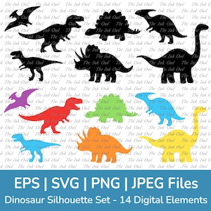 May include: A set of 14 digital dinosaur silhouette illustrations in various colors, including black, red, blue, green, orange, and purple. The silhouettes are in a variety of poses, including standing, walking, and running. The text "EPS | SVG | PNG | JPEG Files" and "Dinosaur Silhouette Set - 14 Digital Elements" is at the bottom of the image.