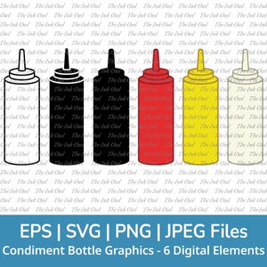Condiment Bottle Svg Vector Clipart Set / Outline, Stamp Silhouette & Color Graphic / Ketchup, Mustard, Mayonnaise / Png, Jpg, Svg, EPs