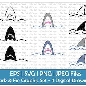 Shark Fin and Breach Vector Clipart Set / Outline, Silhouette Stamp & Color Drawing Illustrations / Great White Blue / PNG, JPG, SVG, Eps