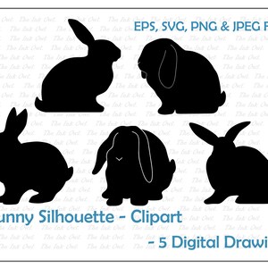 May include: Five black silhouette images of bunnies in different poses. The images are digital drawings and are available in EPS, SVG, PNG, and JPEG formats.