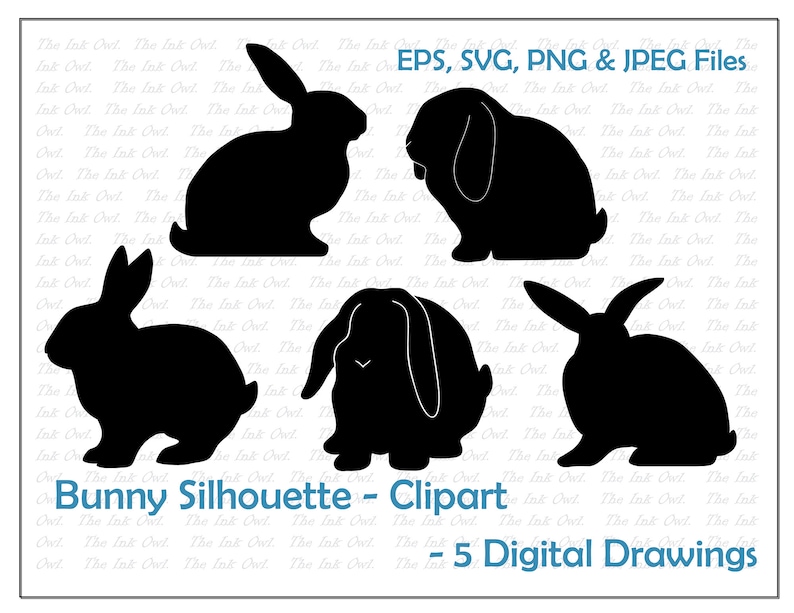 May include: Five black silhouette images of bunnies in different poses. The images are digital drawings and are available in EPS, SVG, PNG, and JPEG formats.