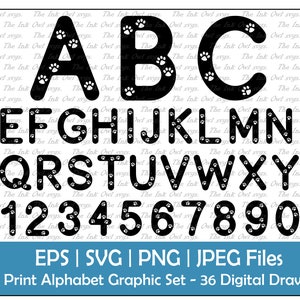 Paw Print Patterned Alphabet Letters & Numbers Vector Clipart / Silhouette Text Graphics / ABC 123 Font / Dogs and Cats / PNG, JPG, svg, Eps