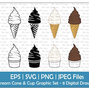 Eistüte und Tasse Vektor Clipart Set / Outline & Stempel Zeichnung Grafik / Vanille, Schokolade / PNG, JPG, SVG, Eps