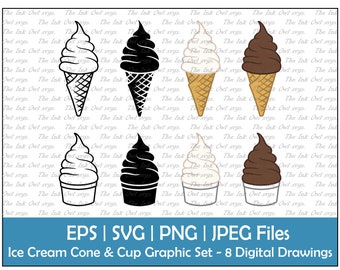 Ice Cream Cone and Cup Vector Clipart Set / Outline & Stamp Drawing Graphics / Vanilla, Chocolate / PNG, JPG, SVG, Eps