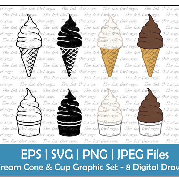 Ice Cream Cone and Cup Vector Clipart Set / Outline & Stamp Drawing Graphics / Vanilla, Chocolate / PNG, JPG, SVG, Eps