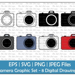 May include: Set of eight digital camera illustrations in various colors, including black, white, gray, blue, and red. The cameras are outlined in black and have a simple design.