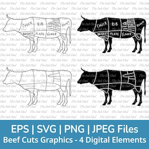 "Schnitt von "Rindfleisch Butcher Diagram Food Vektor Clipart / Umriss & Silhouette Stempel Zeichnung Illustrationen / Png, SVG, Eps, Jpg."