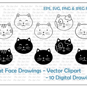 Cute Cat Faces Set Vector Clipart / Outline & Stamp Drawing Illustrations / Sublimation / PNG, JPG, SVG, Eps