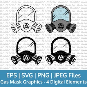 Maschera antigas respiratore con scudo SVG Vector Clipart Set / Contorno, timbro, silhouette e illustrazioni grafiche a colori / PNG, Jpg, SVG, EPS