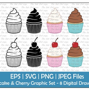 Cupcake mit Kirsche Clipart Set / Umriss, Stempel und Farbgrafik / Vanille, Schokolade / PNG, JPG, SVG, Eps
