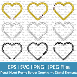Clipart de borda de moldura de coração de lápis escolar / contorno, silhueta e gráficos coloridos / elemento de modelo decorativo / Svg, Png, Jpg, Eps