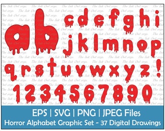 Red Blood Drip Lowercase Letter Alphabet and Numbers Vector Clipart / Horror Text Graphics / Halloween / Sublimation / PNG, JPG, svg, Eps