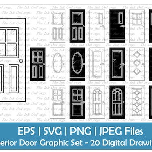 Ensemble de clipart vectoriel de porte extérieure / Graphiques de dessin de contour et de tampon / Entrée et sortie avant / Avec verre / PNG, JPG, SVG, Eps